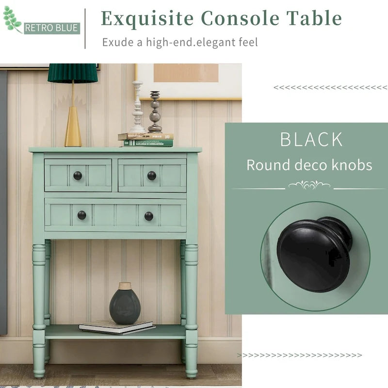 Console en bois massif vieilli avec trois tiroirs de rangement et une étagère inférieure