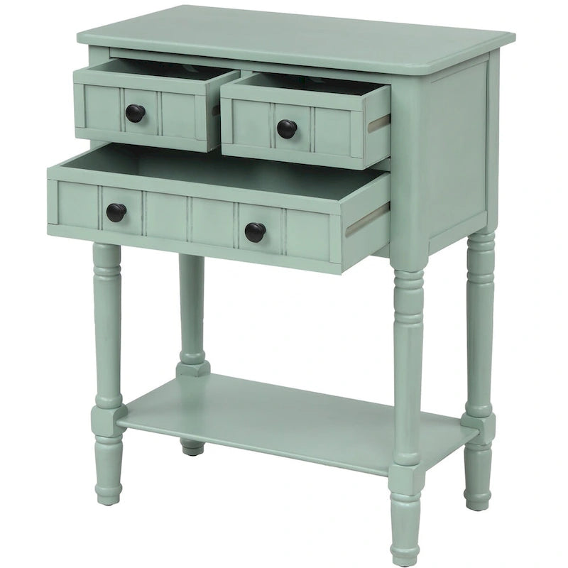 Console en bois massif vieilli avec trois tiroirs de rangement et une étagère inférieure