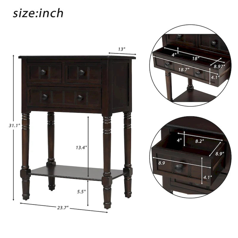 Console en bois massif vieilli avec trois tiroirs de rangement et une étagère inférieure