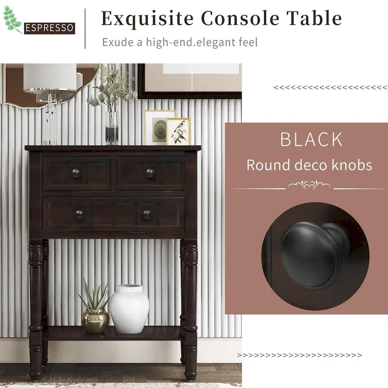 Console en bois massif vieilli avec trois tiroirs de rangement et une étagère inférieure
