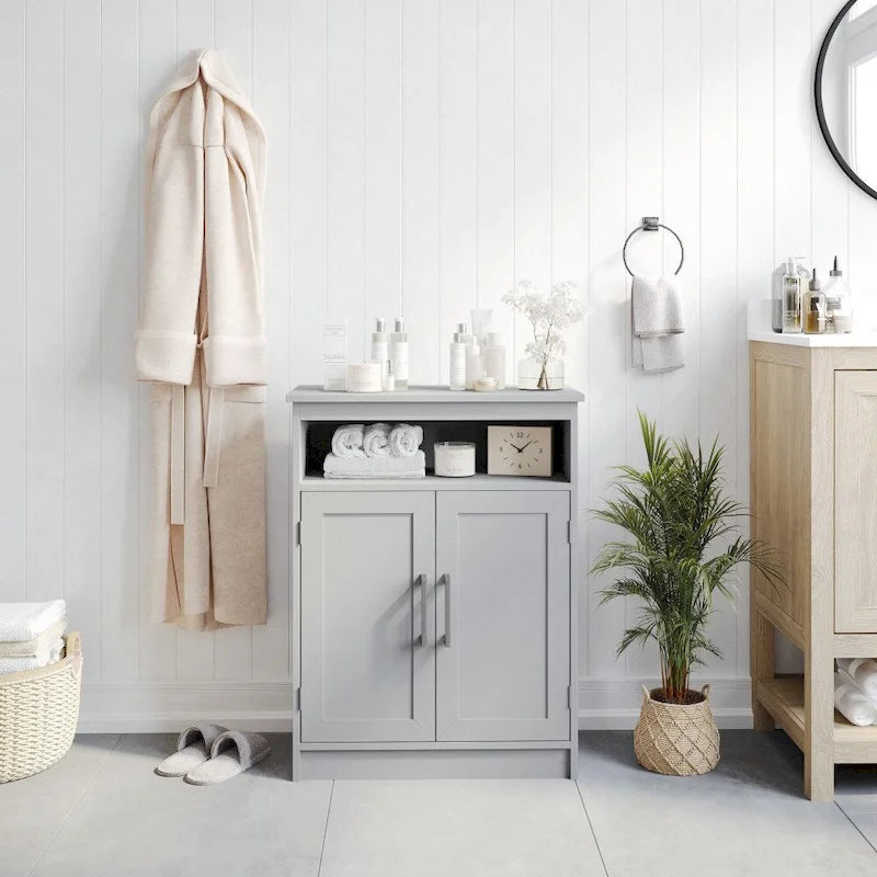 Meuble de rangement de salle de bain sur pied blanc/gris avec étagères – 1 personne