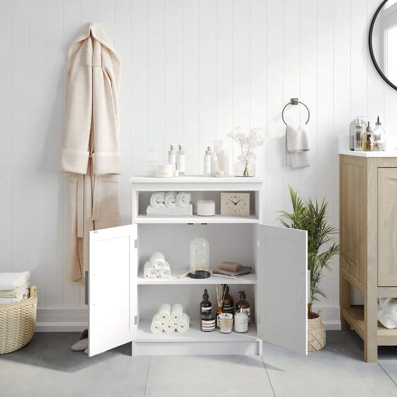 Meuble de rangement de salle de bain sur pied blanc/gris avec étagères – 1 personne