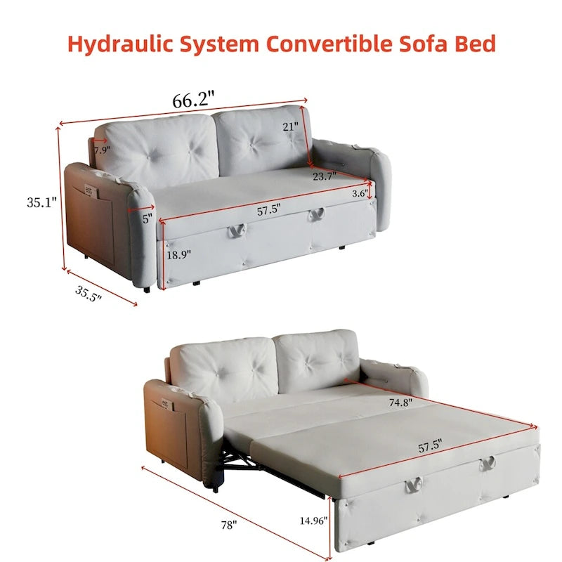 Canapé convertible velours beige/noir, hydraulique, grand lit, 2 places