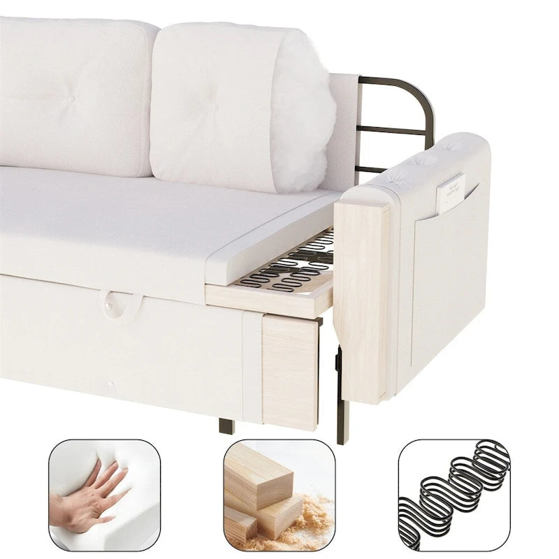 Canapé convertible velours beige/noir, hydraulique, grand lit, 2 places