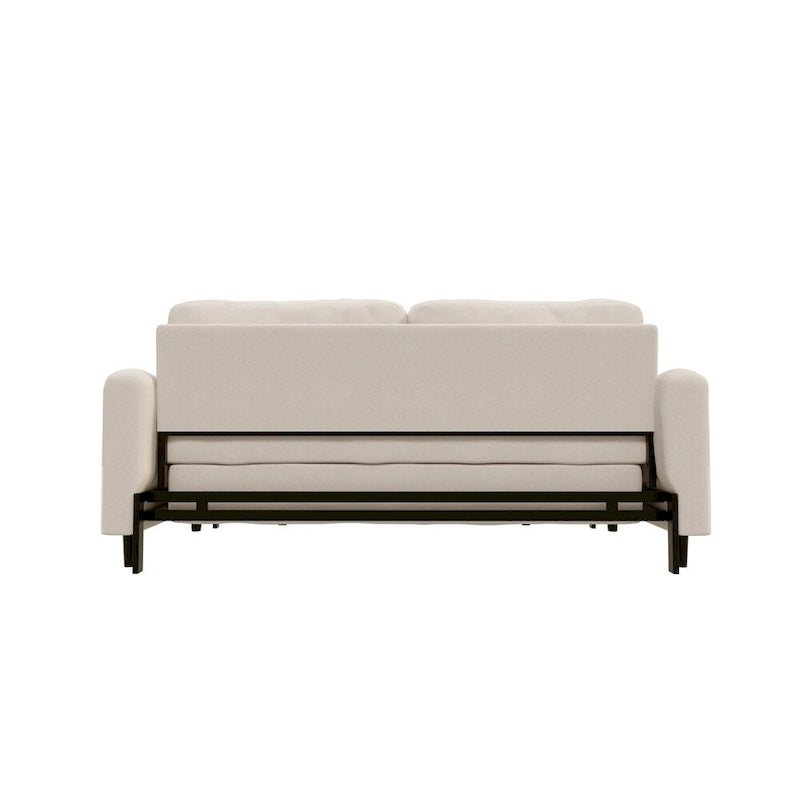 Canapé convertible velours beige/noir, hydraulique, grand lit, 2 places