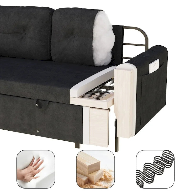Canapé convertible velours beige/noir, hydraulique, grand lit, 2 places