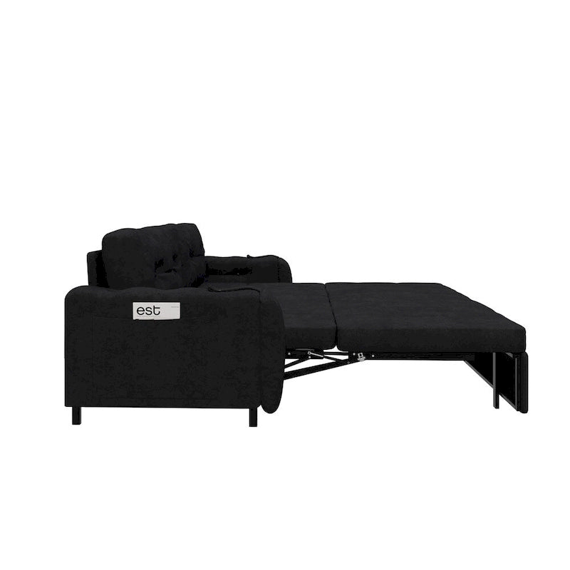 Canapé convertible velours beige/noir, hydraulique, grand lit, 2 places