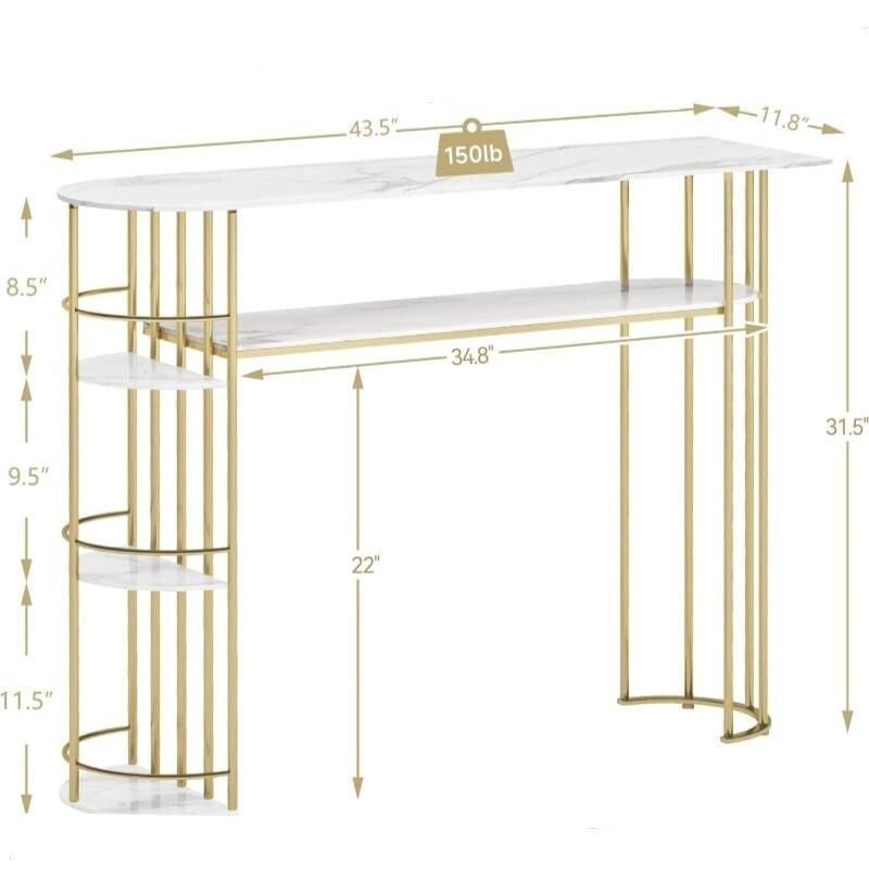 Console en or et blanc avec étagères de rangement, montage par 1 personne, style moderne