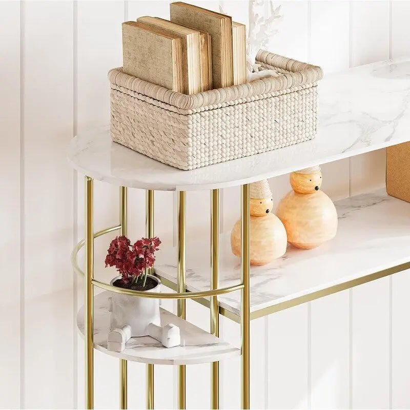 Console en or et blanc avec étagères de rangement, montage par 1 personne, style moderne