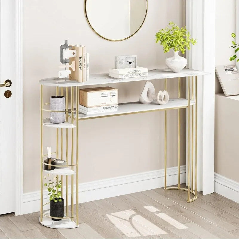 Console en or et blanc avec étagères de rangement, montage par 1 personne, style moderne