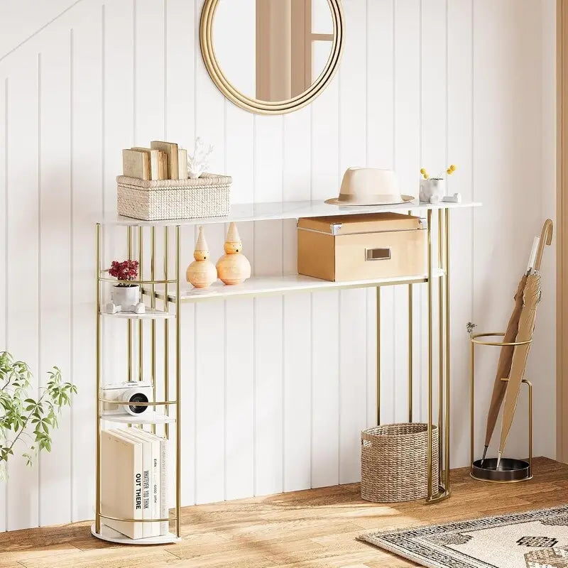Console en or et blanc avec étagères de rangement, montage par 1 personne, style moderne