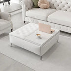 Table basse ottoman de rangement avec plateau relevable carré blanc, rembourré, 2 places