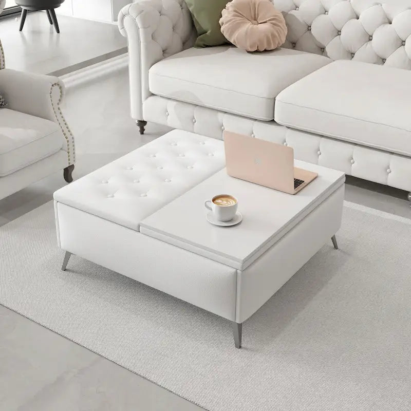 Table basse ottoman de rangement avec plateau relevable carré blanc, rembourré, 2 places