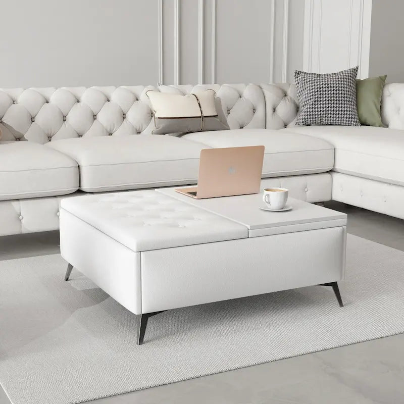 Table basse ottoman de rangement avec plateau relevable carré blanc, rembourré, 2 places