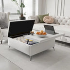 Table basse ottoman de rangement avec plateau relevable carré blanc, rembourré, 2 places