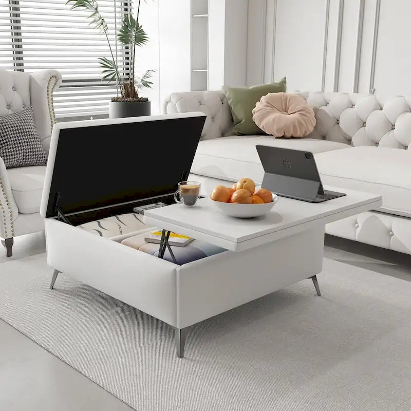 Table basse ottoman de rangement avec plateau relevable carré blanc, rembourré, 2 places