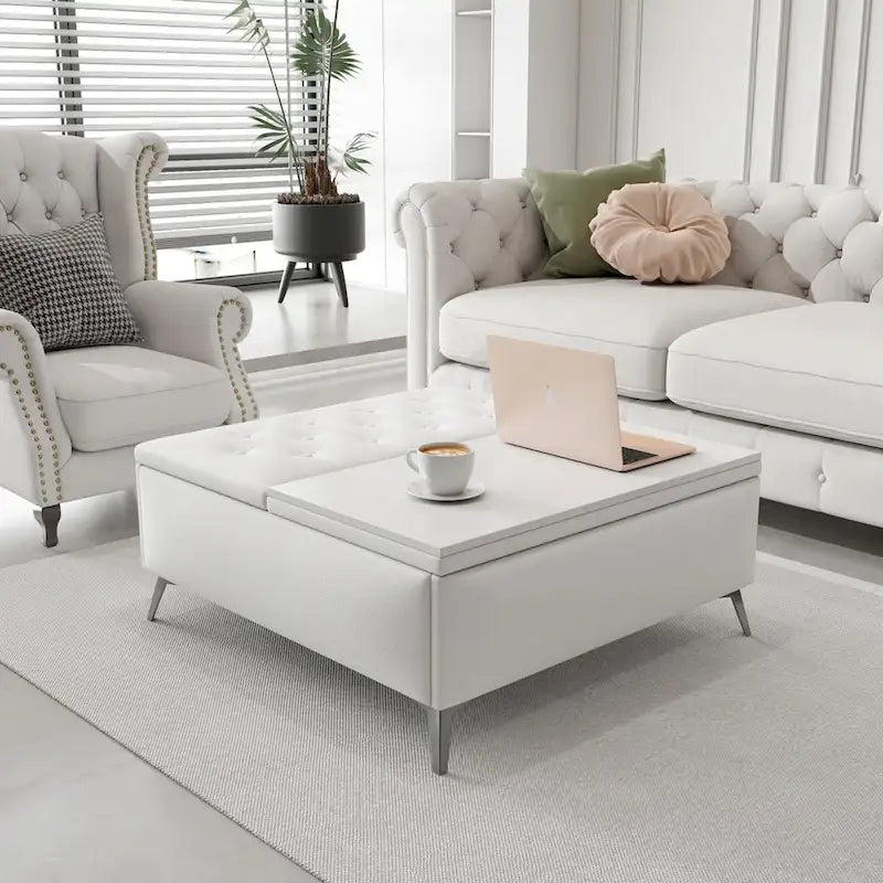 Table basse ottoman de rangement avec plateau relevable carré blanc, rembourré, 2 places