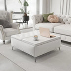 Table basse ottoman de rangement avec plateau relevable carré blanc, rembourré, 2 places