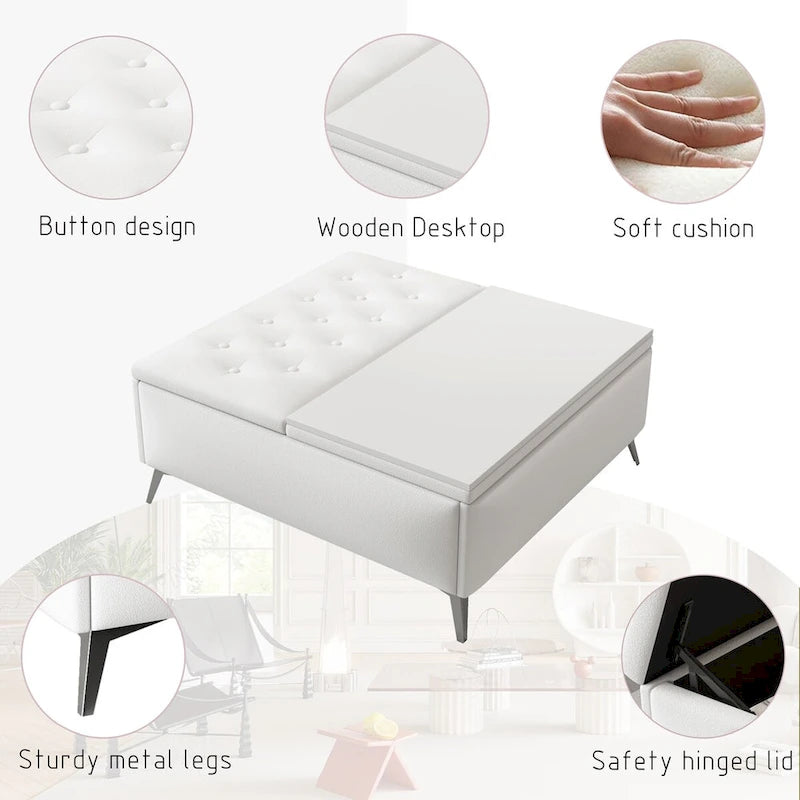 Table basse ottoman de rangement avec plateau relevable carré blanc, rembourré, 2 places