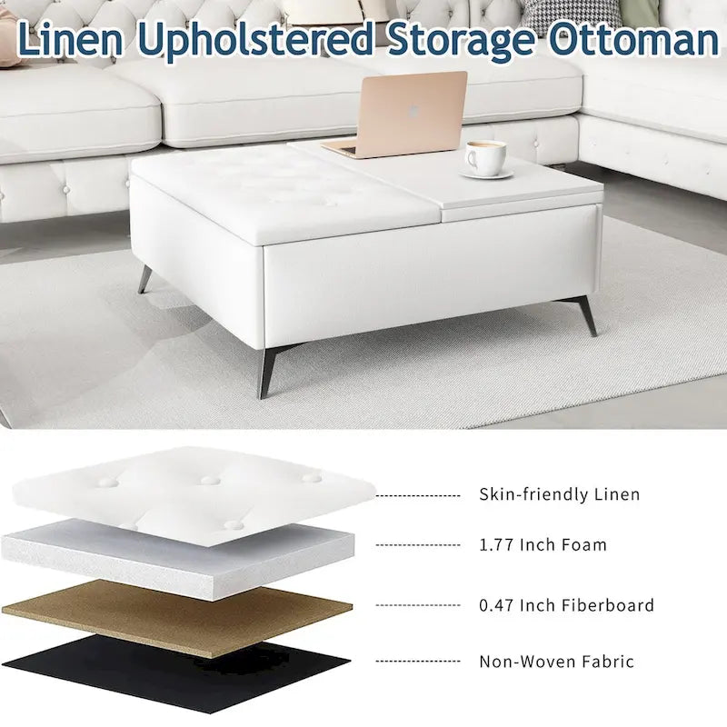 Table basse ottoman de rangement avec plateau relevable carré blanc, rembourré, 2 places
