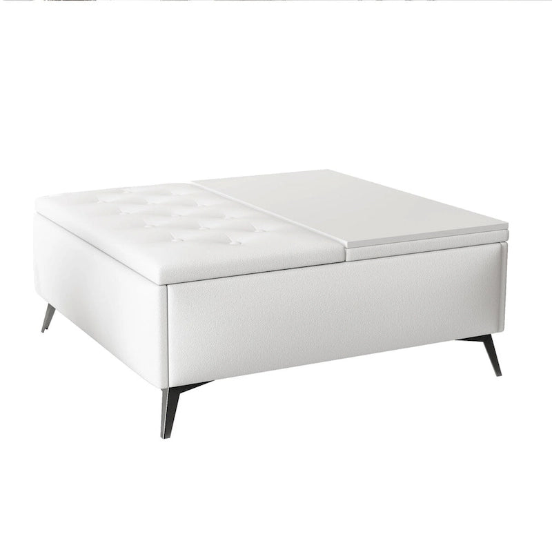 Table basse ottoman de rangement avec plateau relevable carré blanc, rembourré, 2 places