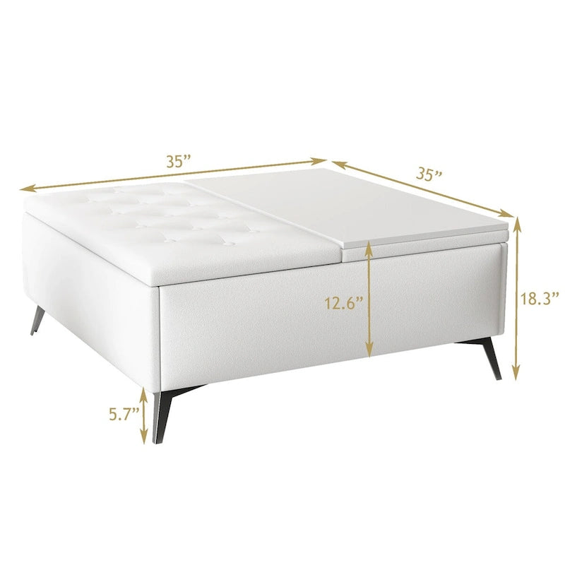 Table basse ottoman de rangement avec plateau relevable carré blanc, rembourré, 2 places