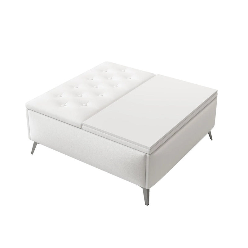 Table basse ottoman de rangement avec plateau relevable carré blanc, rembourré, 2 places