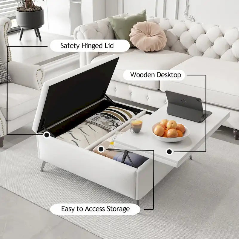 Table basse ottoman de rangement avec plateau relevable carré blanc, rembourré, 2 places
